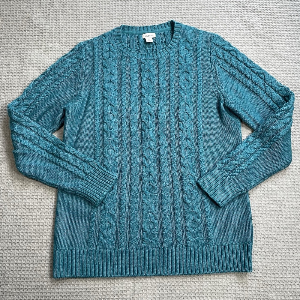 LL Bean Double L Mixed Cable Knit Sweater Medium Womens Teal Cotton